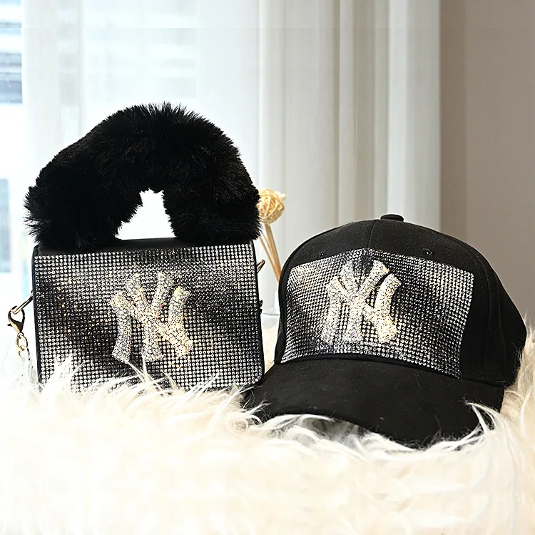 

2021 newest design famous designer luxury brand NY hat with purse bag set rhinestone handbag purse with hat pack set, 5 colors