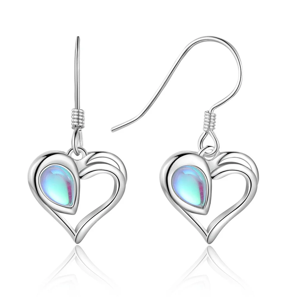 

Hainon S925 Silver Popular Moonstone Earrings Heart Pendant Earrings