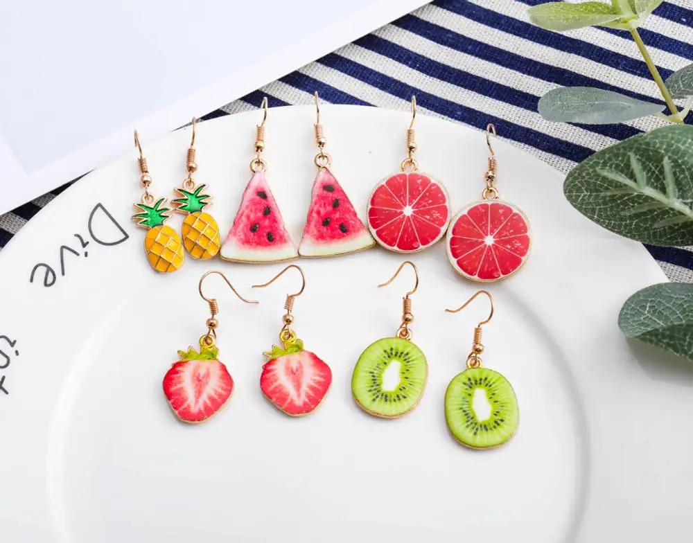 

Korea New Cute Fruit Lady Earrings Strawberry Pineapple Tomato Kiwi Orange Cucumber Dragon Apple Pineapple Girl Fruit Earrings