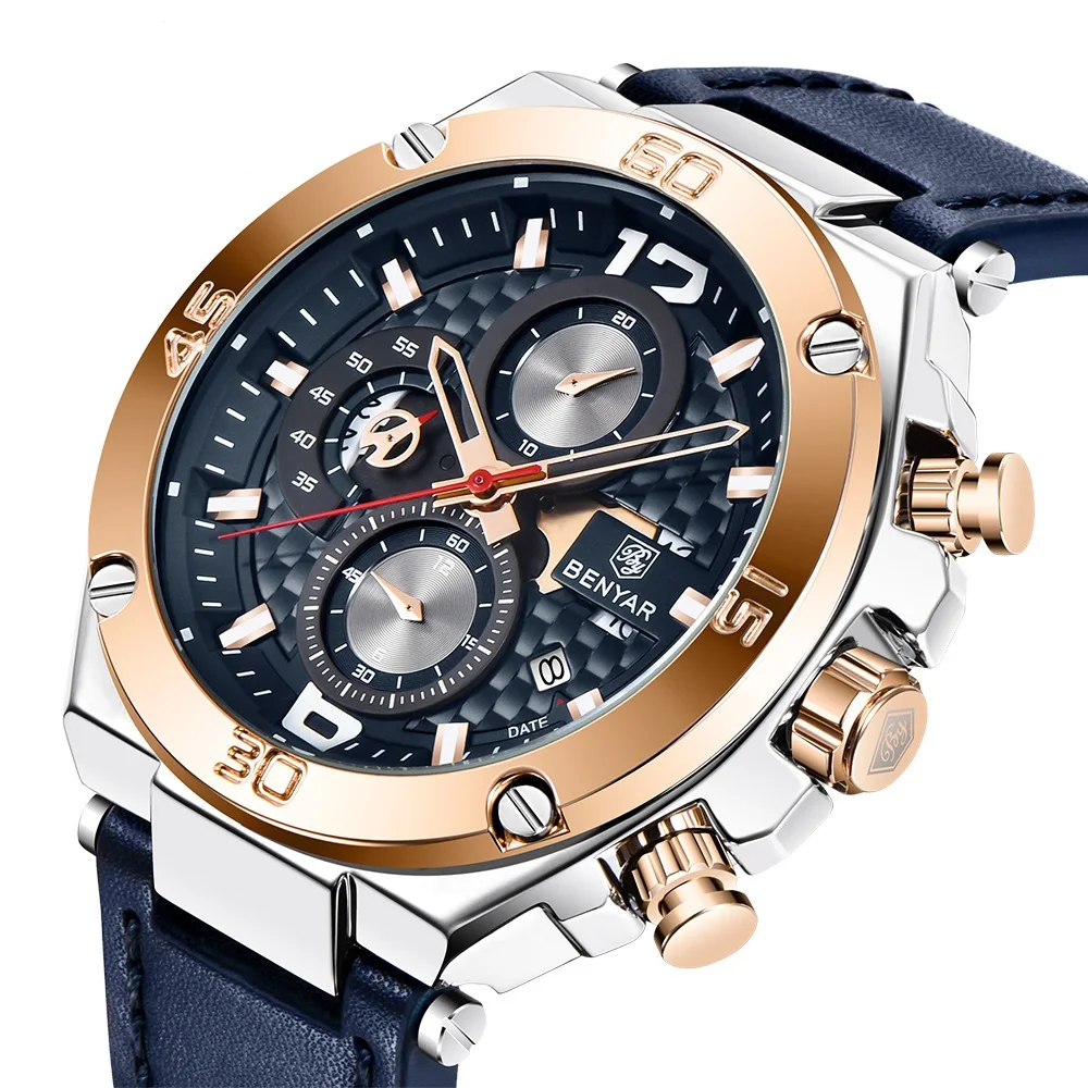 BENYAR Luxury Men Watch Genuine Leather Fashion Clock Men's Waterproof Luminous Chronograph Wrist Man Business Quartz Watches