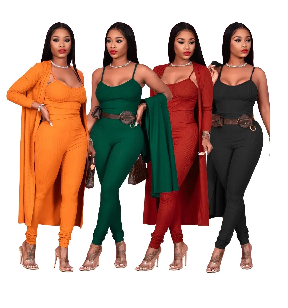 

S6241 - Jumpsuit And Cover Up Fashion Long Sleeve 2 Piece Set Women Clothing