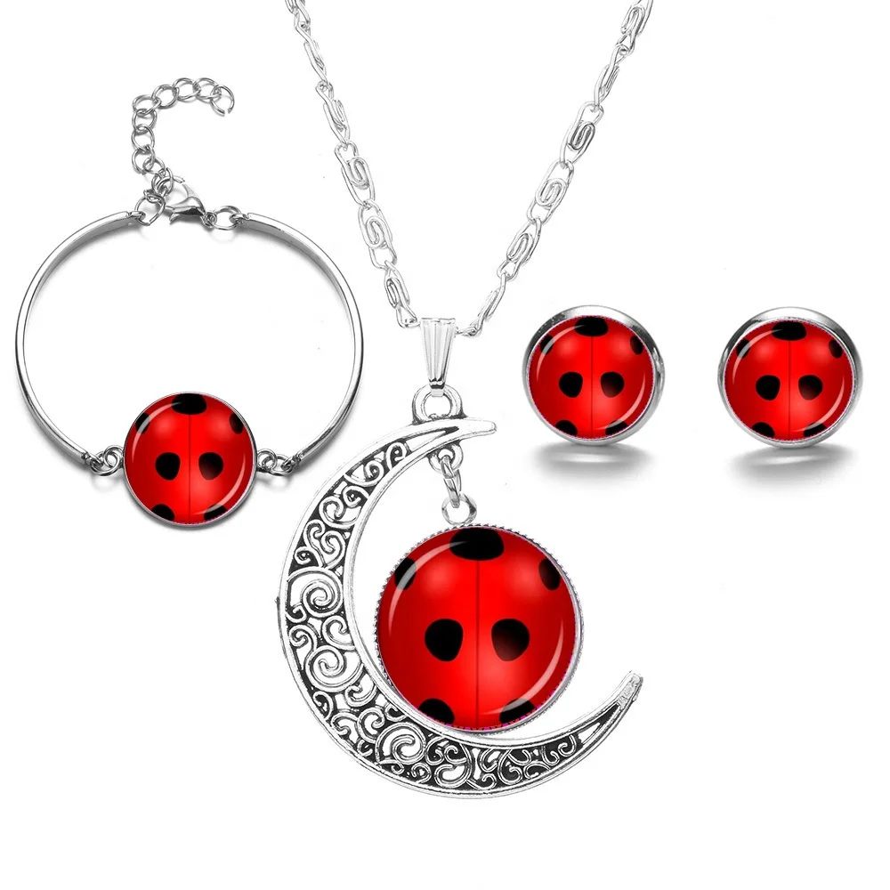 

Amazon Hot Selling Women Jewelry Set Fashion Miraculous Ladybug Necklace Ring Set, As pictures show