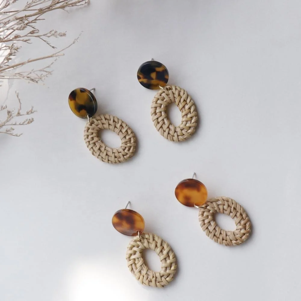 

Fashion Simple Bohemian Style Banquet Jewelry Round Leopard-Print Acetate Rattan Hand-Woven Hollow Acrylic Resin Earrings Female, Colorful