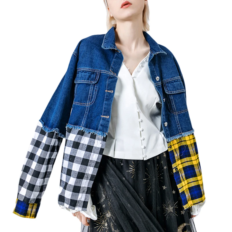 

CHICEVER Women Denim Jacket Lapel Long Sleeve Plaid Hit Color Tassel Loose Patchwork Autumn
