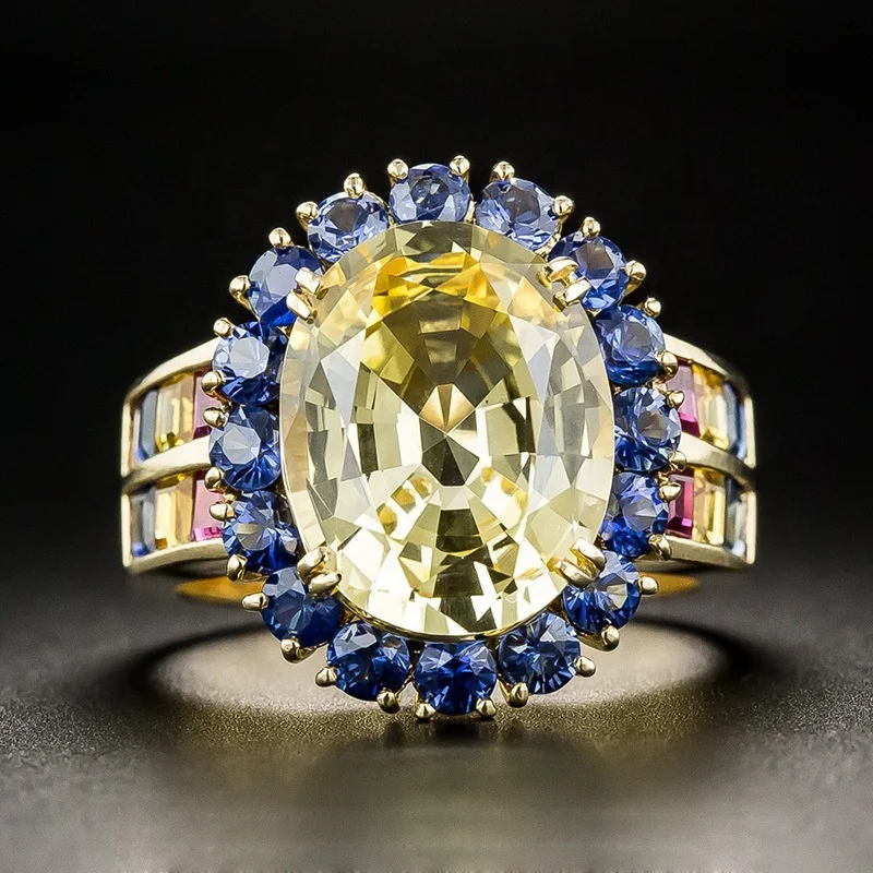 

Yellow & Blue Zircon Antique Ring Luxury Oval Engagement Wedding Rings For Women Vintage Gold Color Jewelry Best Gift, Picture