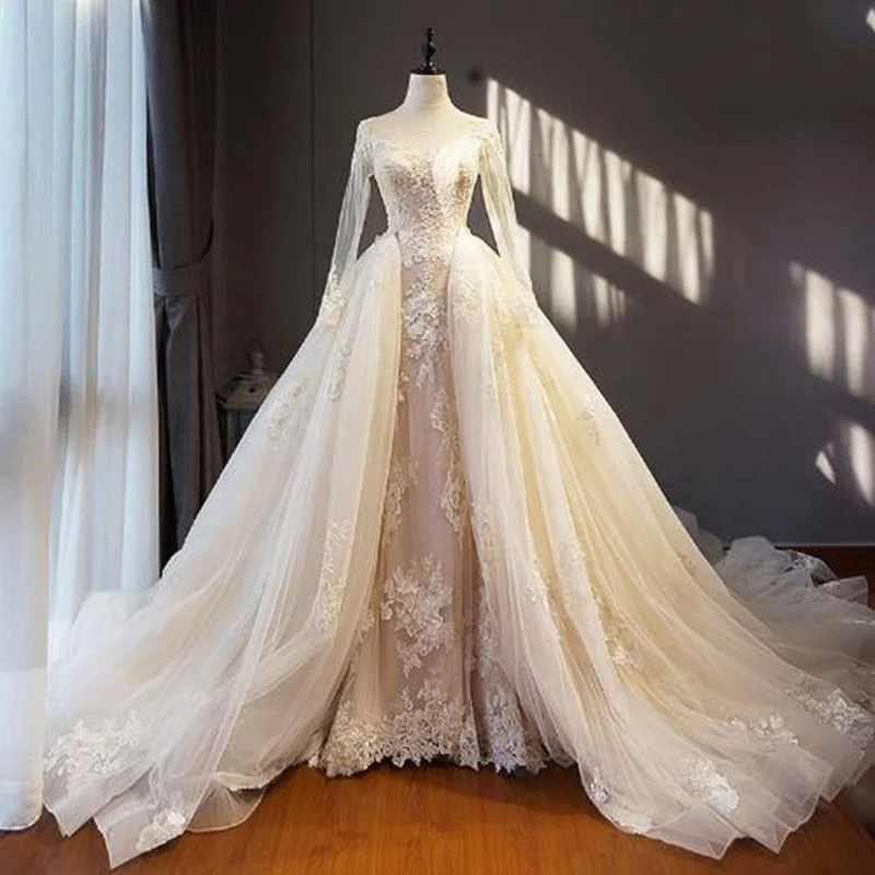 

Luxury Lace Bridal Gowns O-Neck Long Sleeve 2 in 1 Detachable Train Custom Made Wedding Dresses