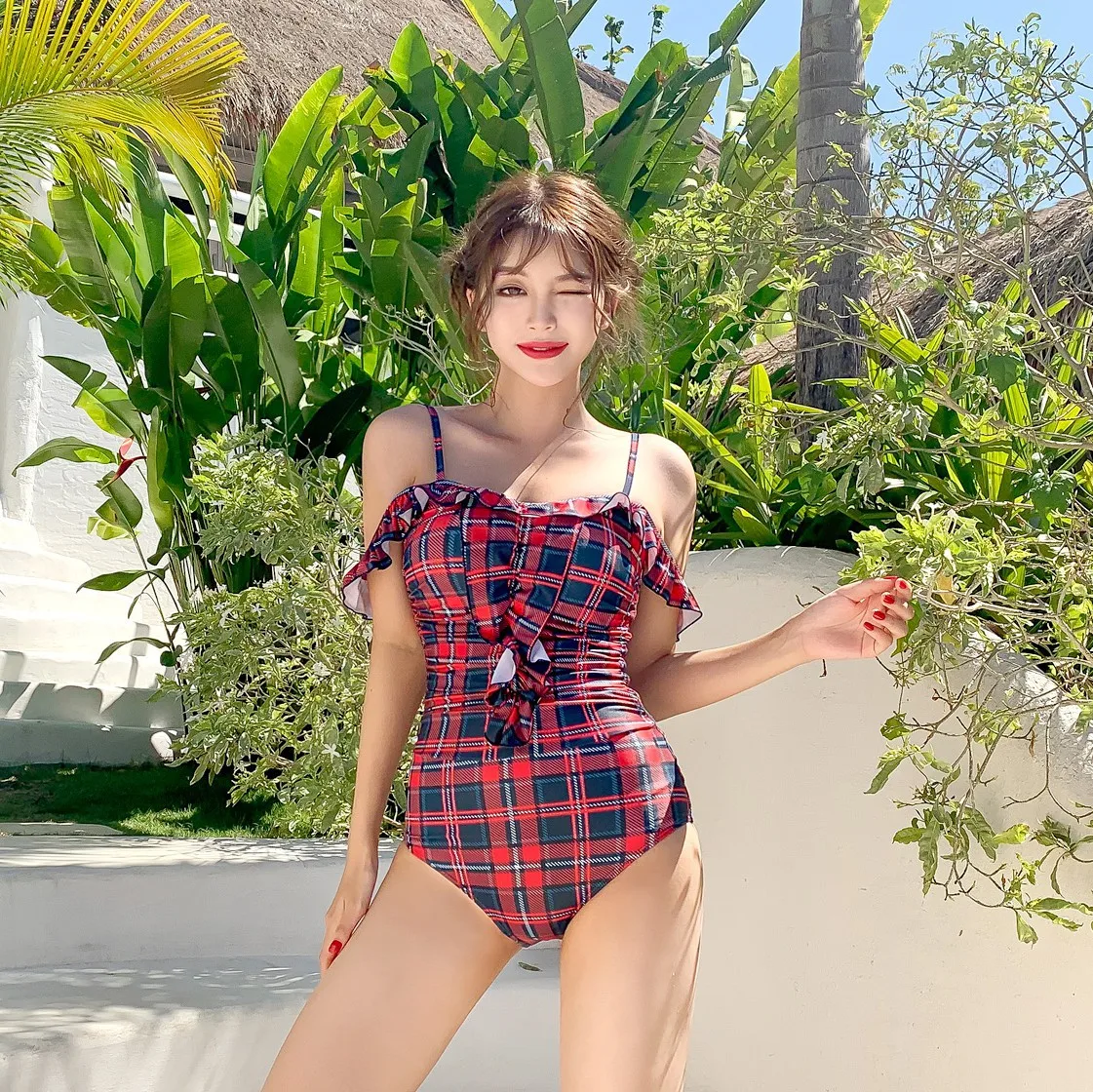 

YZ-0433 Checked A Word Shoulder One-piece Female Girl One Piece Swimsuit Women Red 2021