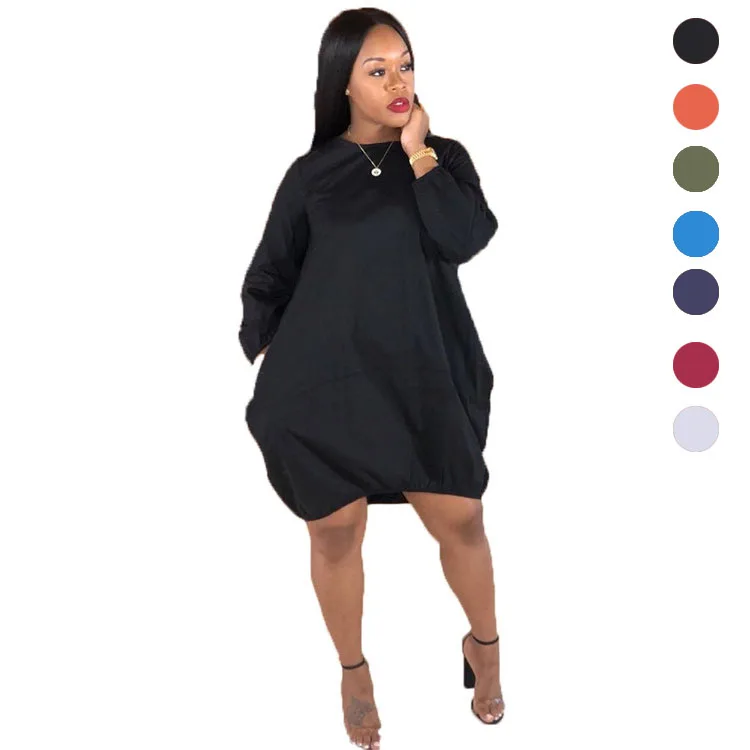 

Fashion Casual Vintage Lady Dress Loose Solid Color Plus Size Simple Long Sleeve Dresses Women Supplier In China, Shown