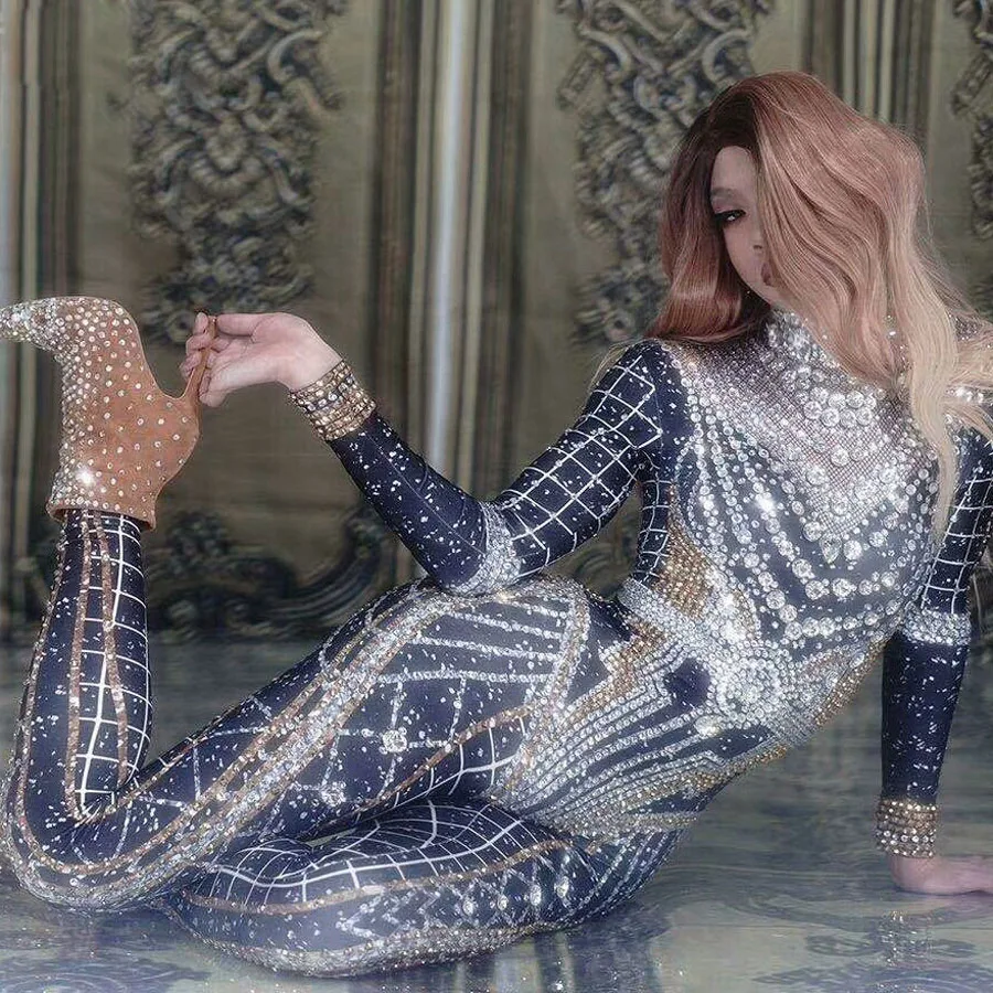 

Sparkly Rhinestone Crystal Jumpsuit Women Long Sleeve Spandex Nightclub Bar singer dancer stage show dance wear party costume