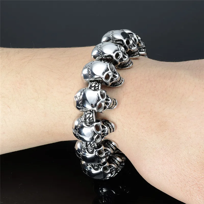 

Hot seller European And American Punk Men Sewing Skull Titanium Stainless Steel Bracelet Hip hop Rock Jewelry Accessory