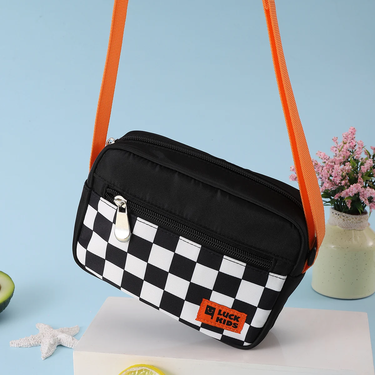 

Polyester checkerboard contrast sport boys mobile mini rope men girls chest crossbody kids ladies women shoulder sling bag