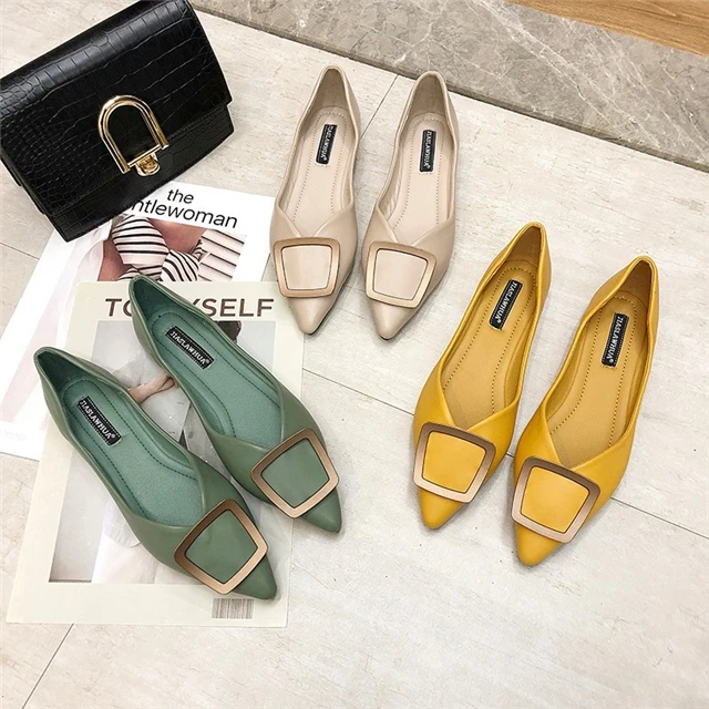 

2021 Spring New Metal Square Buckle Pointed Toe Flat Soft Sole Shallow Shoes, Different colors and support to customized