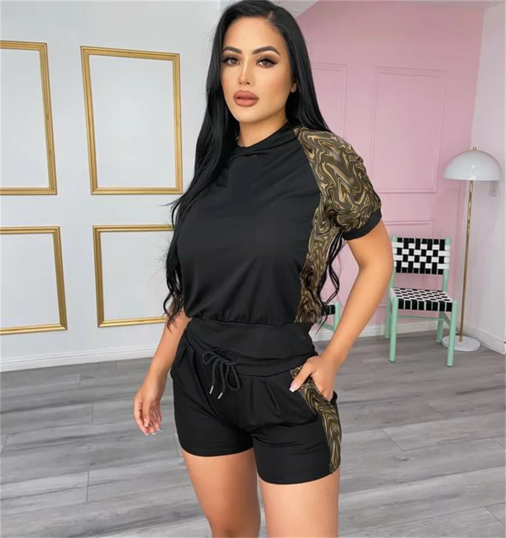 

Designer Women Summer Casual Sports Wear Sexy Crop Top Tracksuit 2 Piece Shorts Set, Picture color