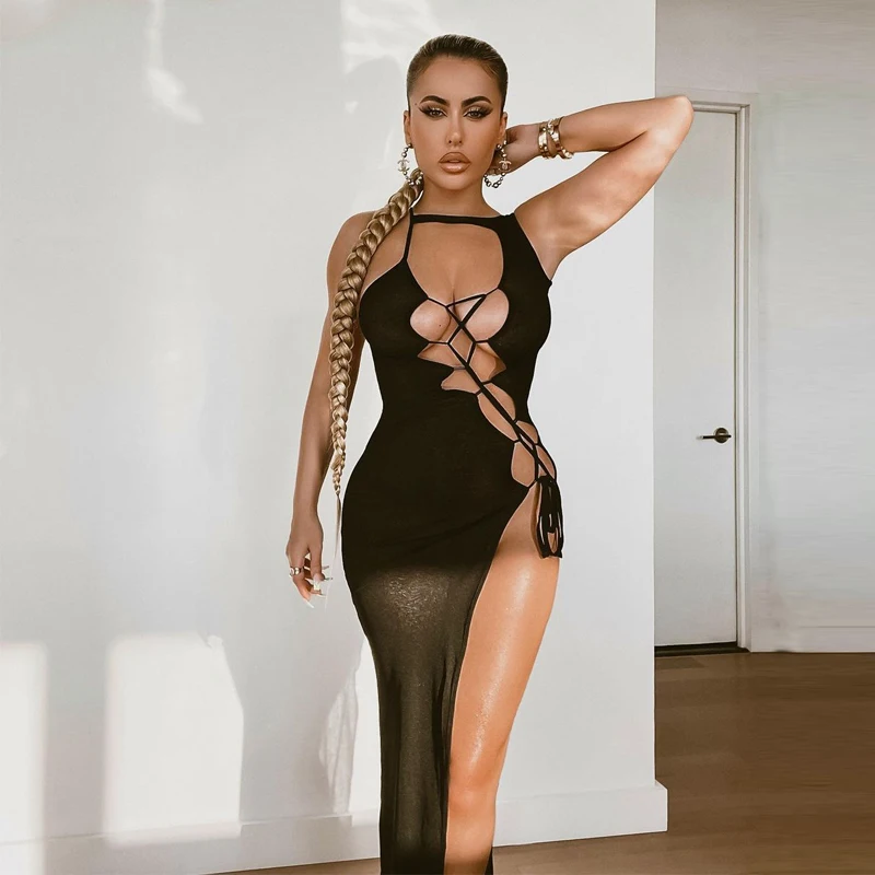 

Lygens Slit Side Irregular Black Halter Drawstring See Through Sleeveless Sexy 2021 Summer Fashion Trendy High Street Dess, Customized color