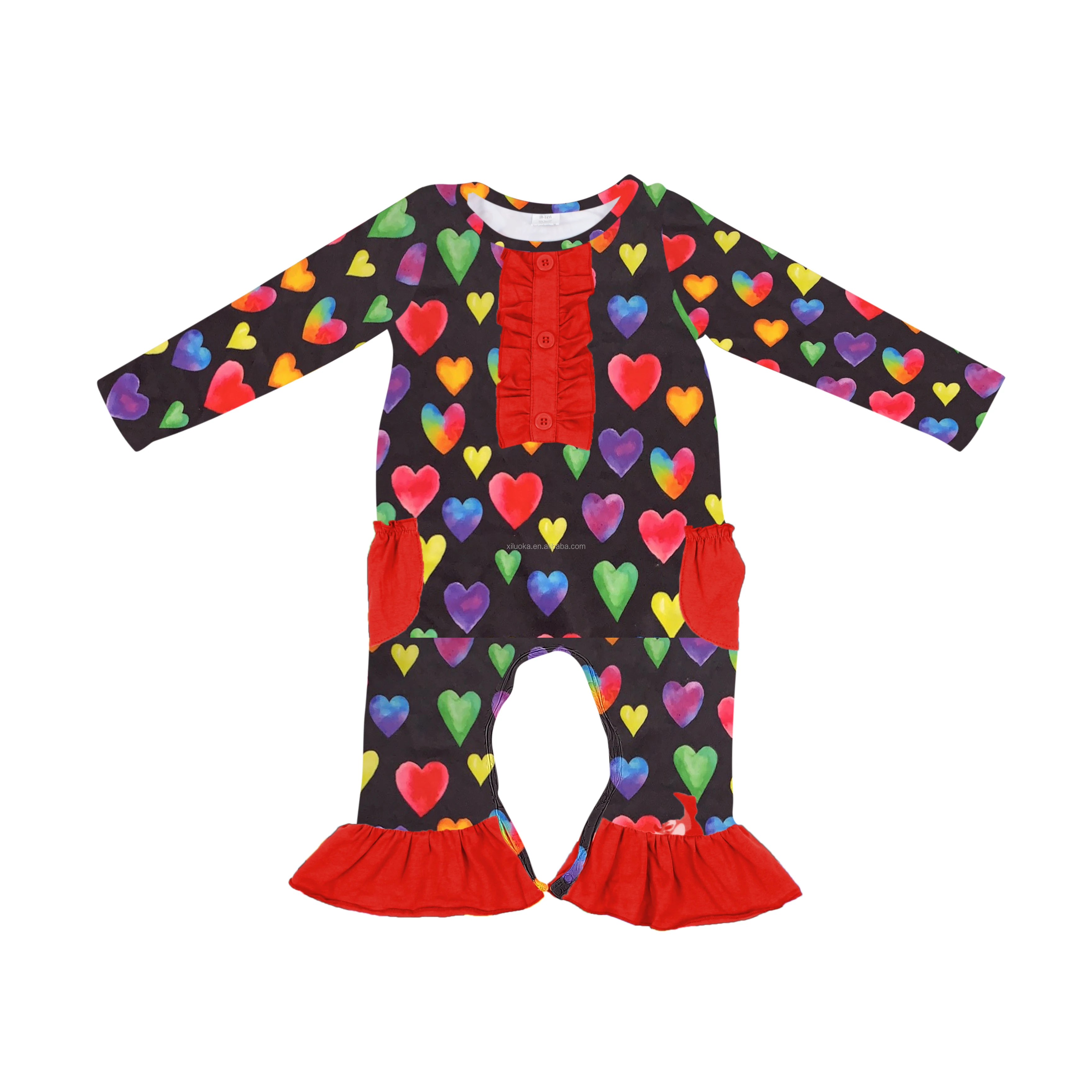 

2021 Toddler Boutique Clothing Love Heart Print Valentine's Day Baby Girl Romper With Pocket