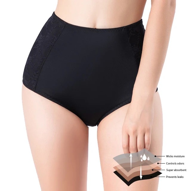 

Wholesale Menstrual 4 Layers Period Briefs High Waist Leakproof Period Underwear Customized Logo Women Menstrual Panties, Black