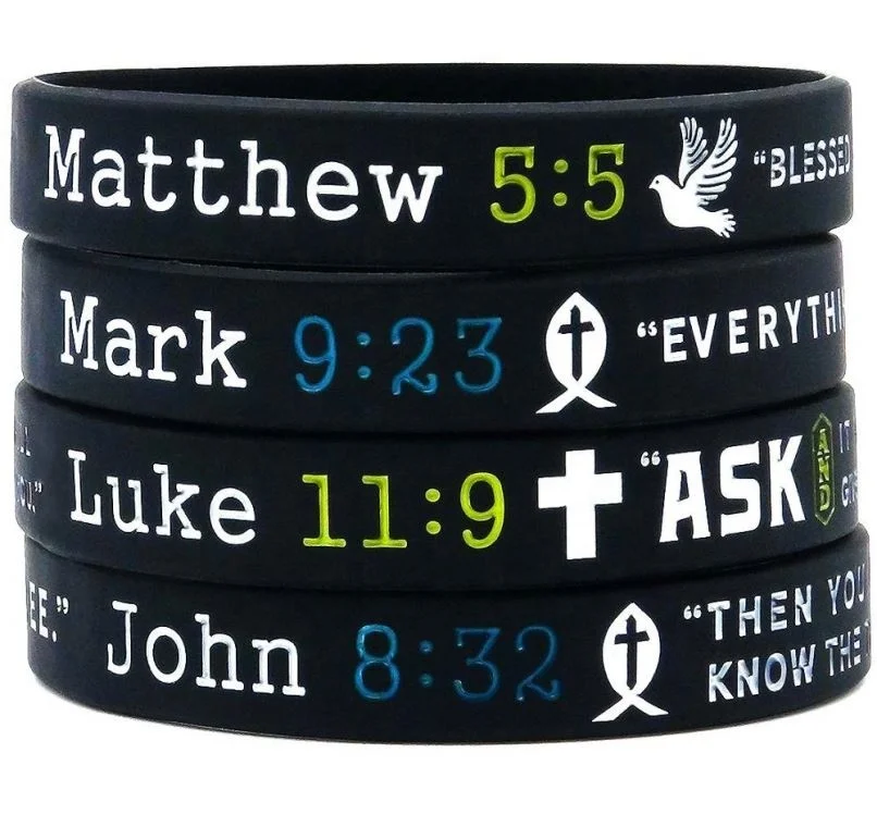 

Wholesale Bible Bracelets with Scripture Verses from The Four Gospels -Silicone Rubber Wrist Bands - Religious Christian Gifts, Any pantone colors
