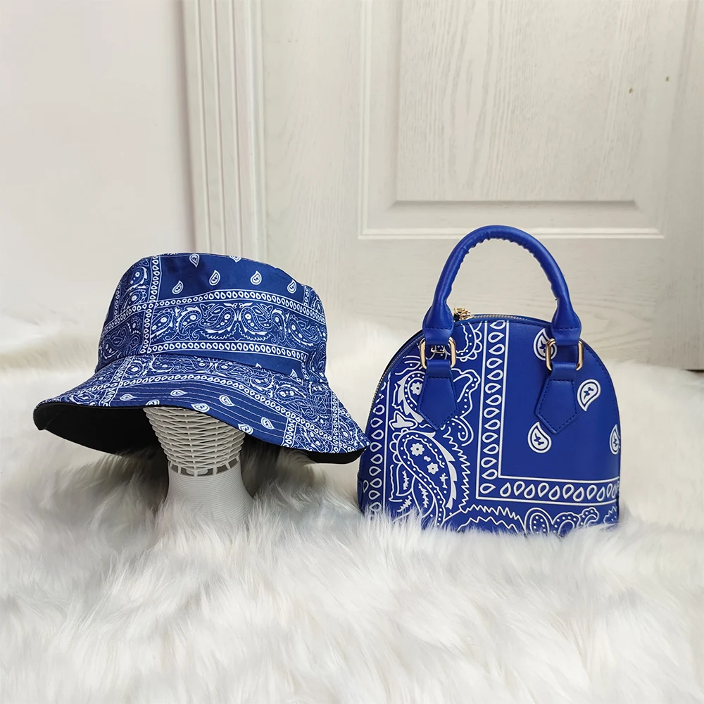 

2021 Blue Cashew Flower Print Shell Bag and Bucket Hat Sets Handbags Women Fashion Tote Blue Paisley Bandana Purse Set, Gray, red, green,black. khaki,pink