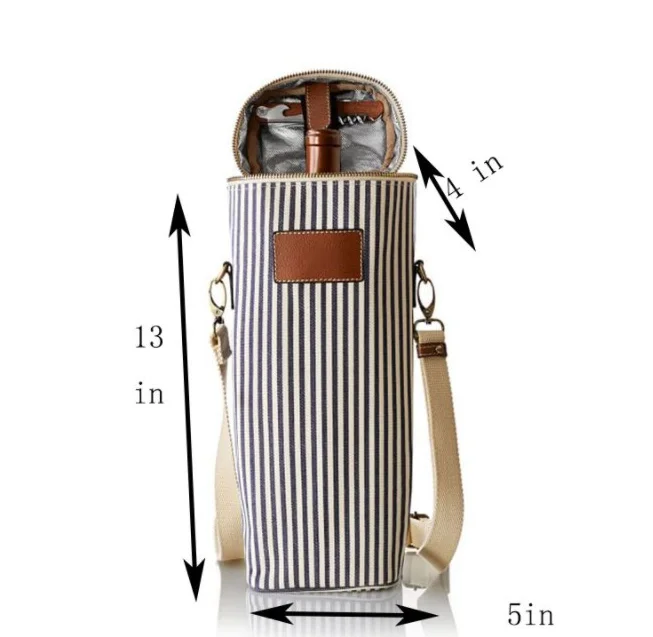 Stripe Canvas Insulated Wine Cooler Bag For Travel Portable 2 Bottle