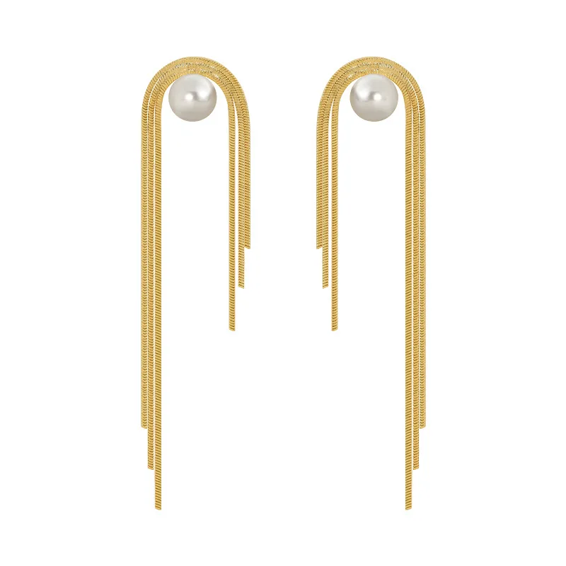 

Trendy Metal Tassel Asymmetric Snake Bone Thin Chain Drop Earring Imitation Round Pearl Long Earring Women Jewelry