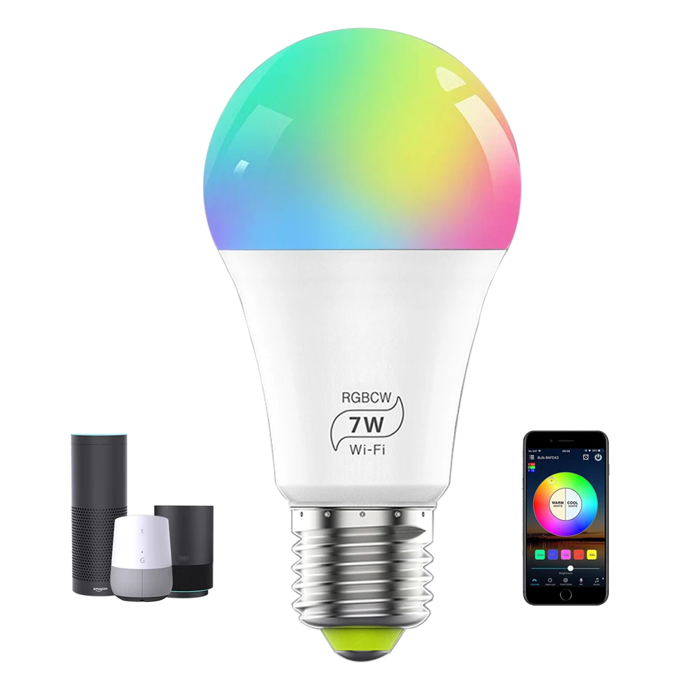 7W E27 LED Smart Light Bulb  Multicolor Dimmable WiFi LED Light Bulb Compatible with Alexa Google Home
