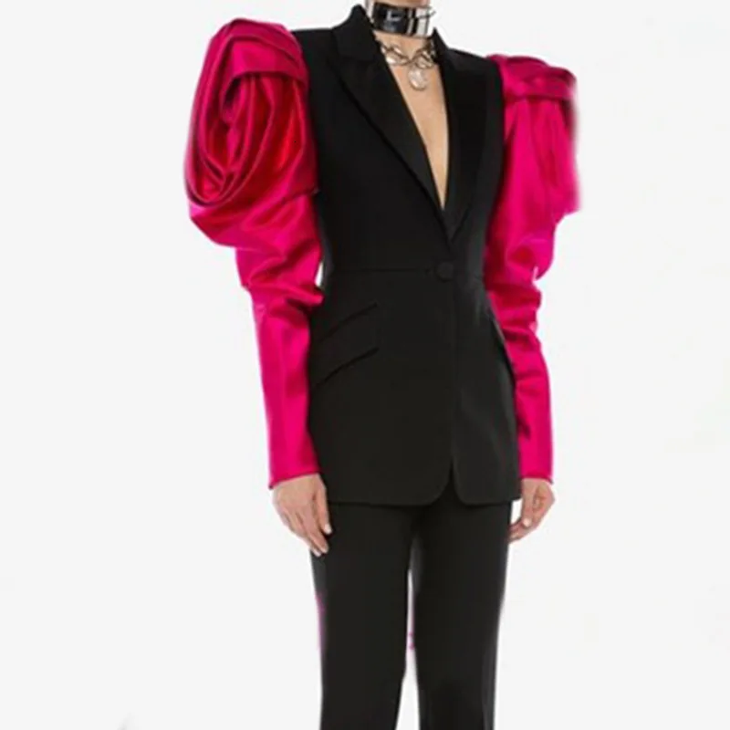 Patchwork Hit Color Women's Blazer Puff Sleeve Notched Female Blazers Autumn Fashion New Clothing Y12521