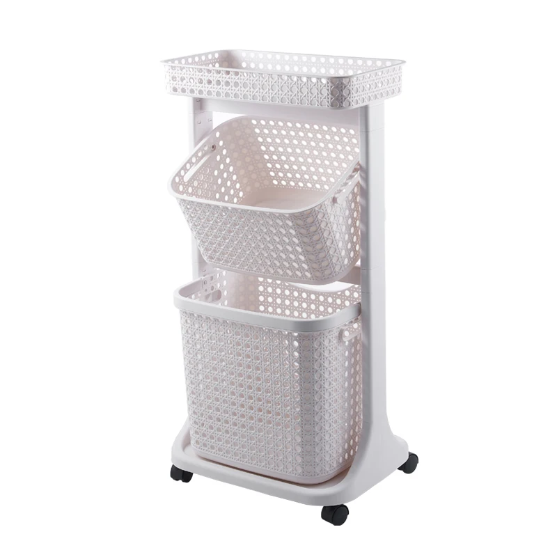 

Eco 3-tier laundry hammper space saving plastic bathroom organiser collapsible laundry basket with wheels, Grey , beige and customized colors