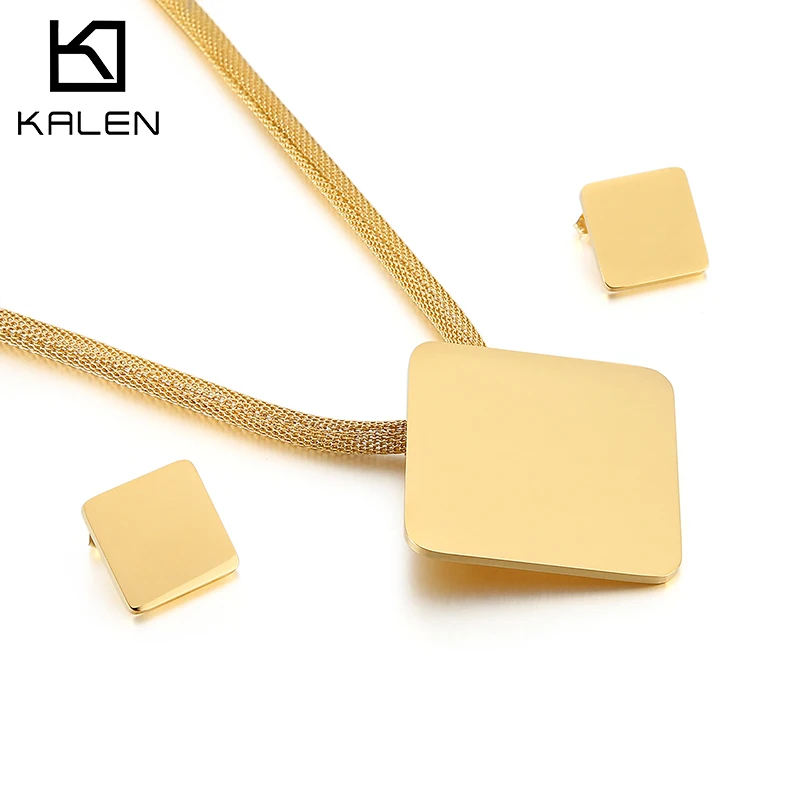 

New Trendy Circle Rectangle Triangle Pendant Necklace Stud Earring Stainless Steel Jewelry Sets Women, Gold,sliver