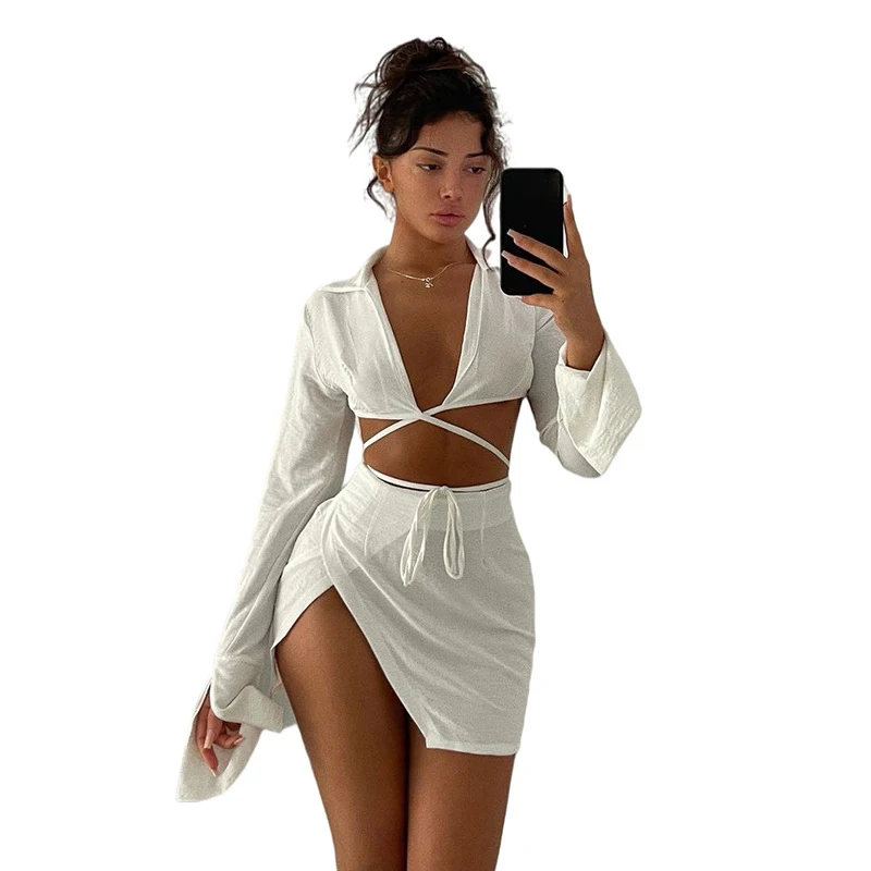 

Fashion Outfits Split Skirt Club Party Clothes Bandage Tie Front Top and Skirt Sets Women 2021 Fall Matching Set, Picture