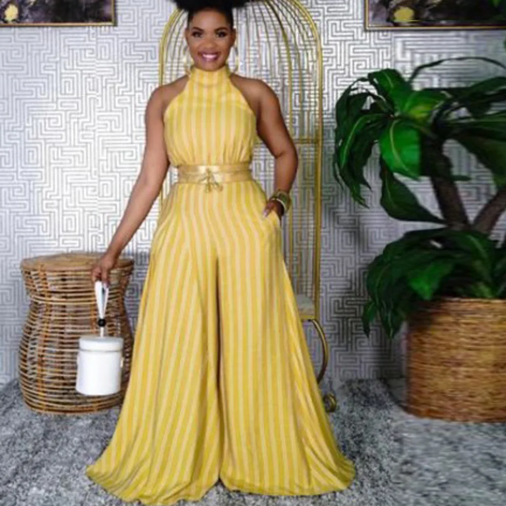 

Fashion High Waist Wide Leg Summer Plus Size Holiday Striped Women Jumpsuit