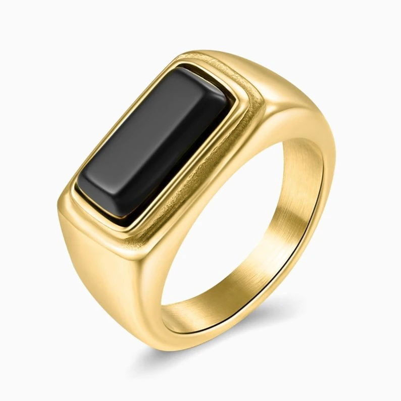 

Onyx Rectangle Signet Ring 18k Gold Stainless Steel Men Pinky Ring Rectangle Black Stone Engagement Ring Husband Gift, Silver, gold, rose gold, black etc.
