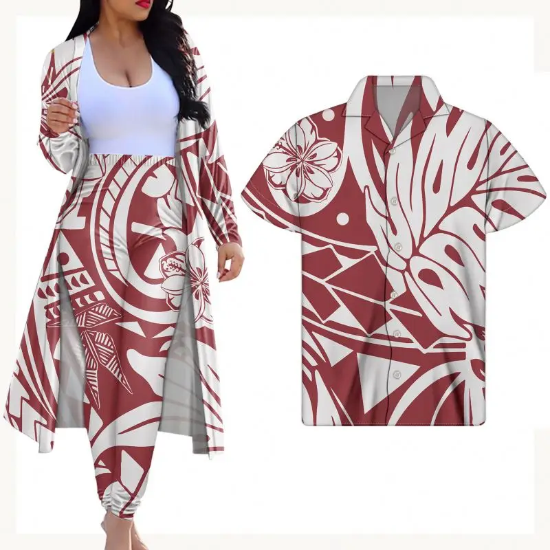 

Polynesian Green White Stripes Print Maxi Couple Clothing 3pcs Set Women Long Cloak Pants Outfits Match Men Shirts Summer Tops, Customized color