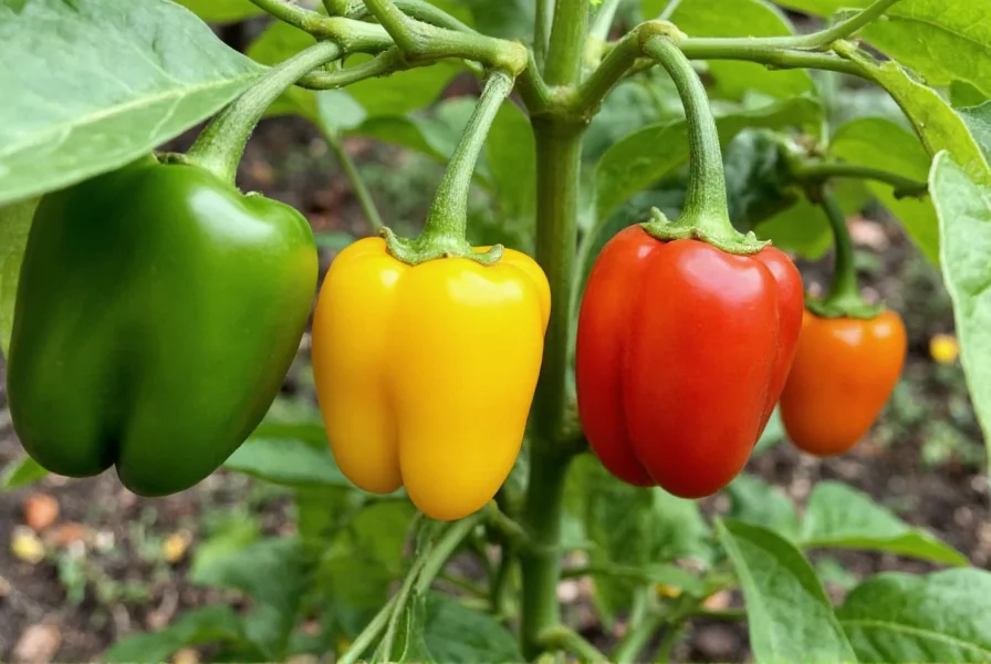 Color progression of bell peppers from green to red on plant showing maturation stages
