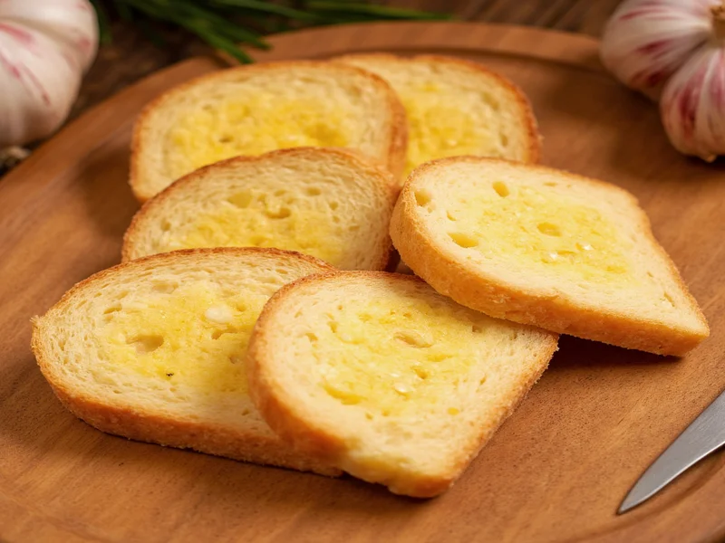 Golden garlic bread slices on wooden cutting board