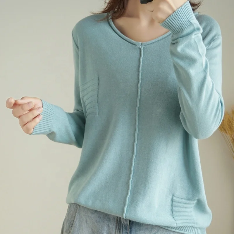 

2020 New Women's Fashion Knitwear V-neck Crimping Edging Sweaters Plus Size Loose Striped Flax Cotton Women's Sweater Pullover, Solid color as shown