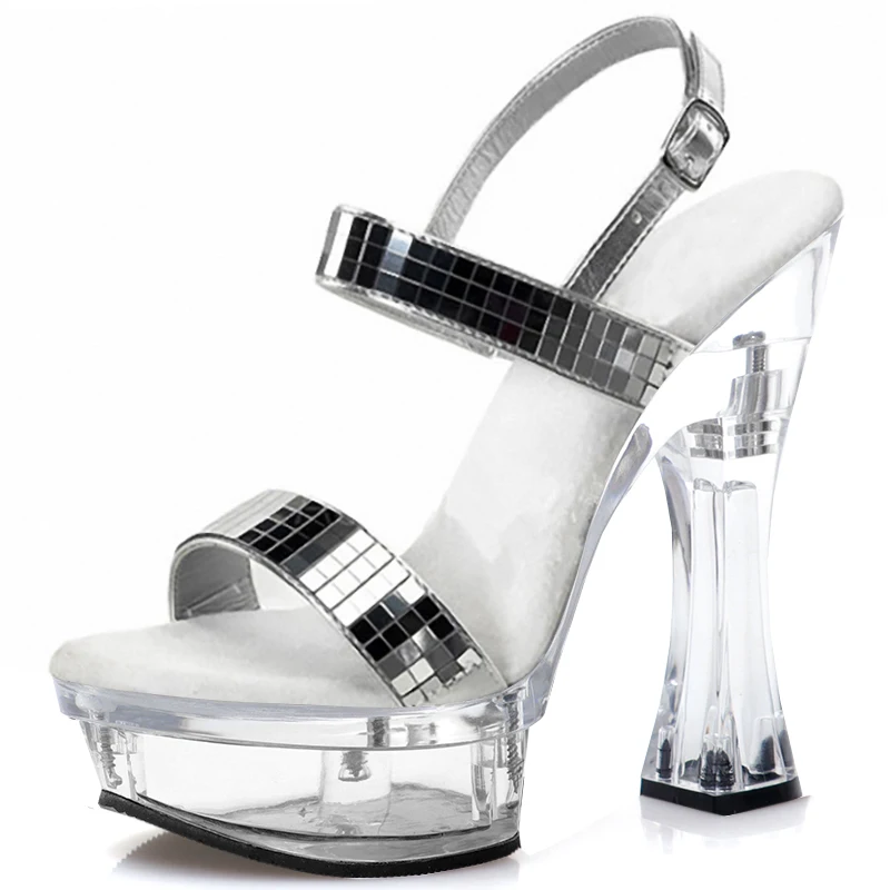 Glitter 14cm Open Toe Strip Catwalk Pole Dance Clear Coarse Heel Platform Slippers Big Size Fashion Exotic Dancer Women Gothic