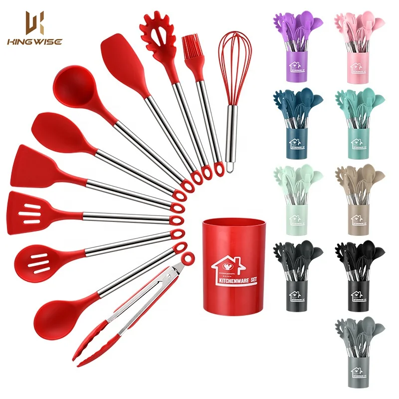 

Kingwise Premium 12 Pcs Kitchen Ware Cooking Tools Non Stick Cookware Silicone Kitchen Utensils Set with Holder