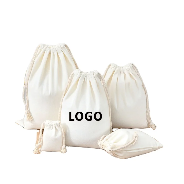 

Custom Eco Friendly Muslin Cotton Pouch Promotional Small White Calico Cloth Canvas Drawstring Bag With Logo Printed