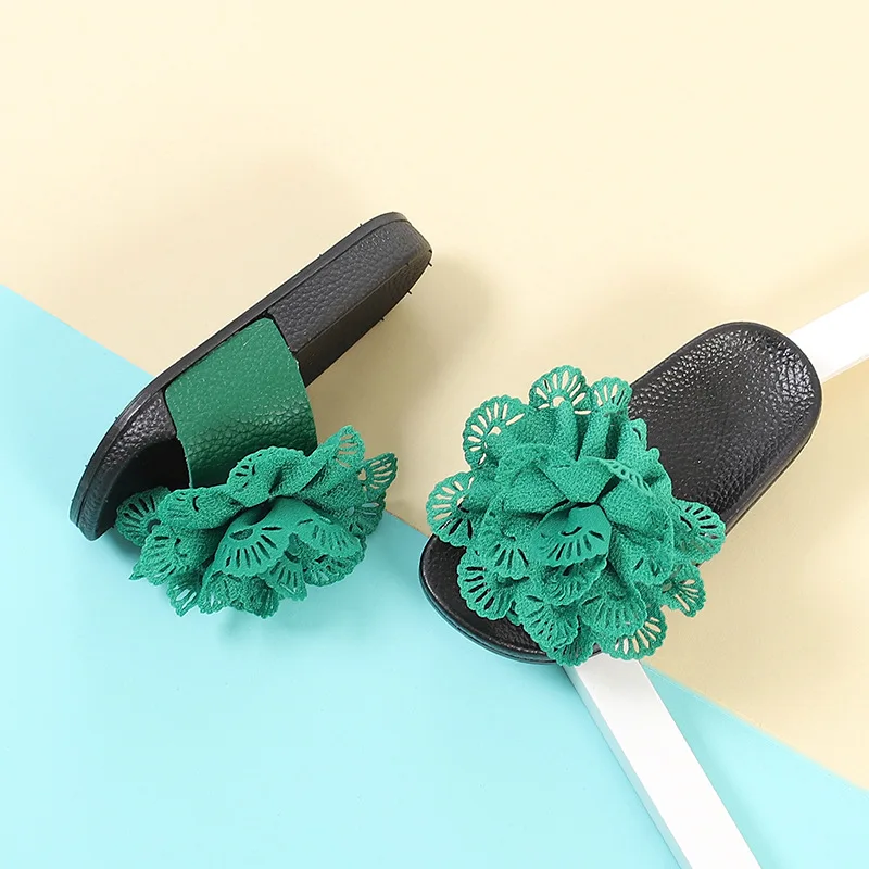
Girls Solid Flower Anti-slip Slippers Kids Outside Summer Footwear With Soft Bottom Green Pink Red Drop Shipping Slippers 
