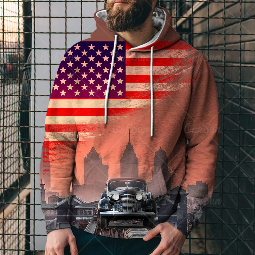 

Spring and Autumn Fashion American Flag Route 66 Sweater Print 3D Sweater Street Fashion Men's Loose Hoodie