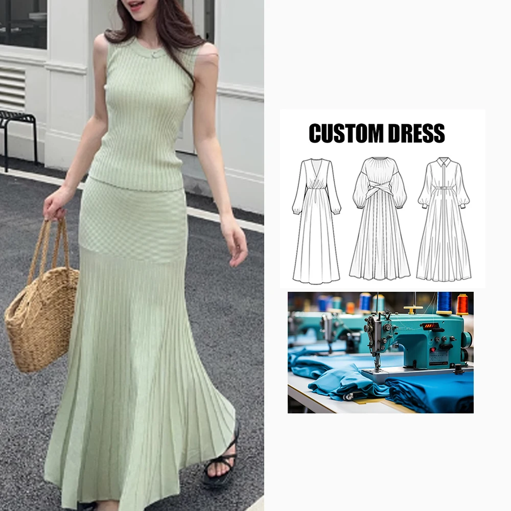 Brand Custom Elegant Women's Summer Elastic Sleeveless Vest Solid Casual Two-Piece Knitted Set Slim Skinny Fish Tail Skirt