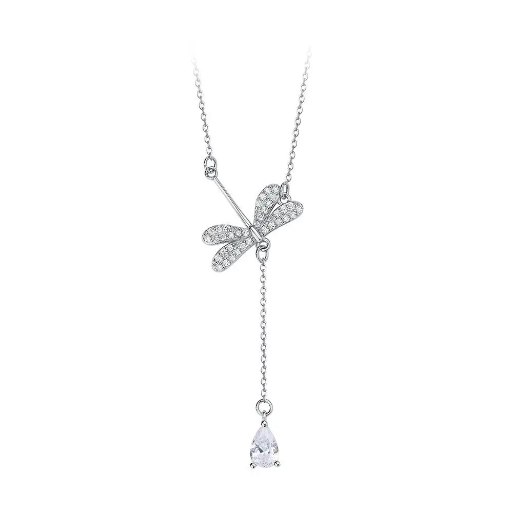 

Dainty 925 Sterling Silver 5A Cubic Zirconia Micro Pave Dragonfly Water Drop Tassel Pendant Necklace for Girl Gift