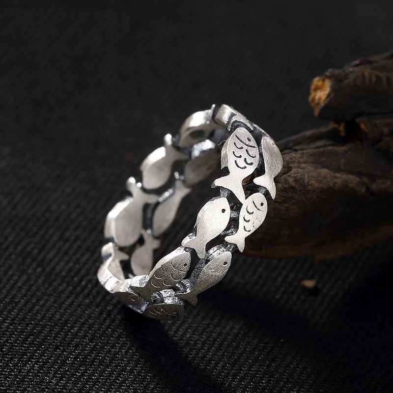 

990 Sterling Silver Two Rows Hollow Swimming Fish Animal Rings For Women