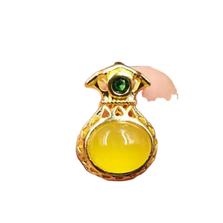 

925 Bright Gold Inlaid Yellow Chalcedony Small Lucky Bag Pendant Money Pink Agate Purse White Agate Pendant