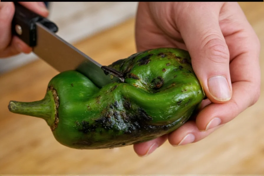 Close-up of charred poblano peppers being peeled, showing proper technique for maintaining pepper integrity