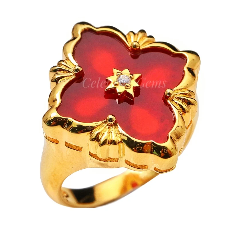 

Vintage Red Agate Jewelry Clover S925 Silver Rings For Women, White/black/red