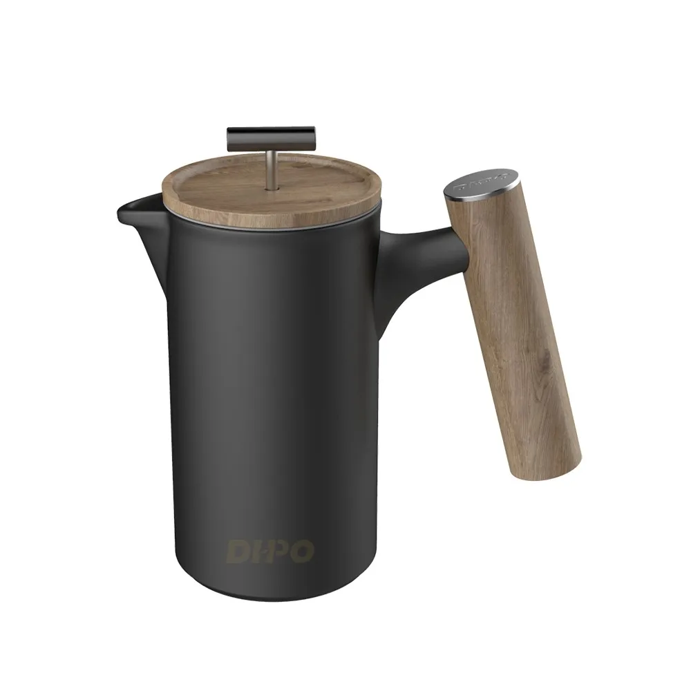 

DHPO New copyright design custom Matte black ceramic french press coffee maker with wooden handle lid stainless steel filter, Black, white, gray