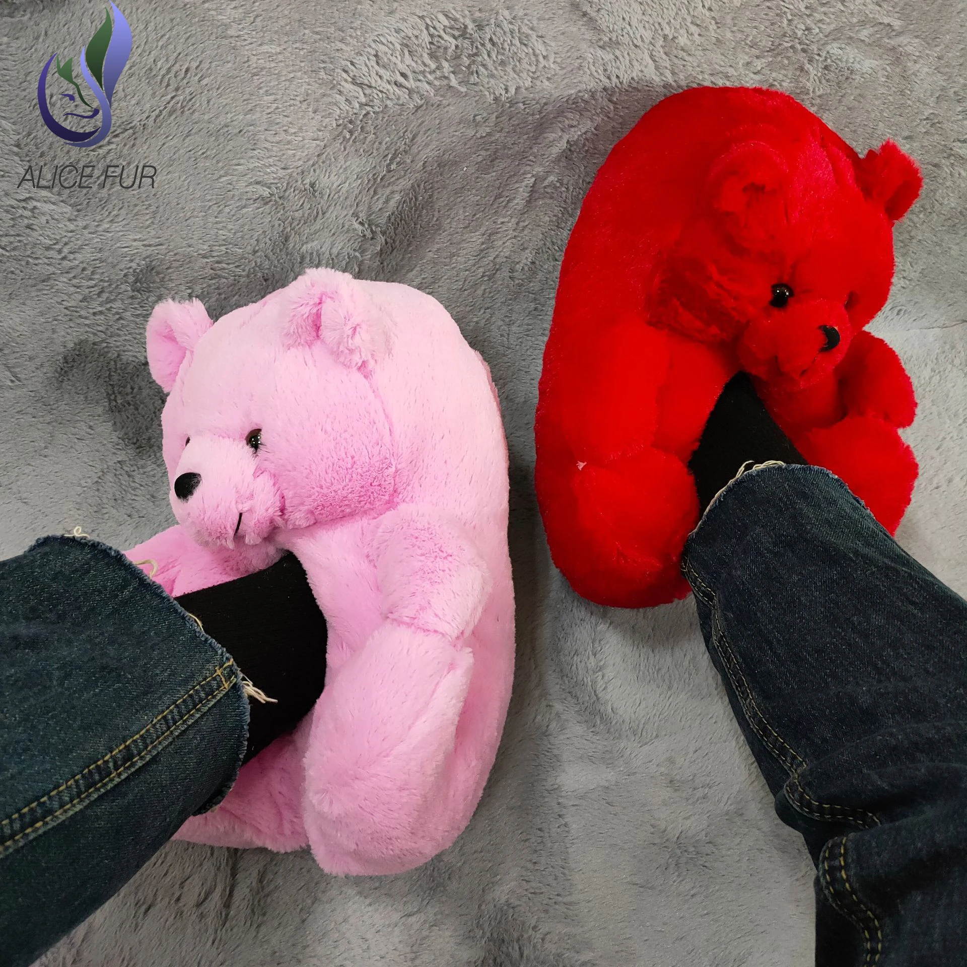 

US Popular Furry Women Teddy Adorable  Bear Fur Slides Customized Colors Teddy Bear Slippers, Customized color