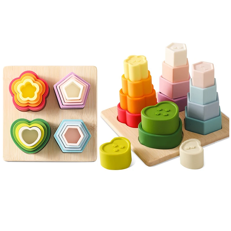 

Organic Soft Baby Montessori Block Toys Shape sorting nesting baby silicone stacking cup for Sensory Educational Creativity gift