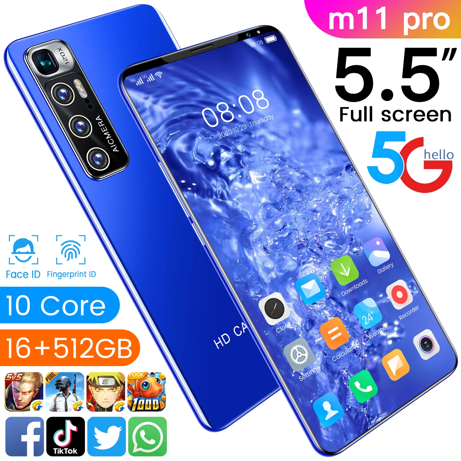 

Factory Price Unlocked M11 PRO 5.5 inch Smartphone Dual SIM Card Face ID Unlock Android 10 smart phone android, Black gold grey